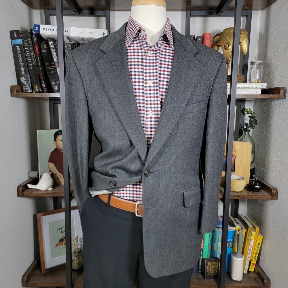 Lands End Men's Sport Coat‎ Blazer Two Button Charcoal Herringbone Wool Size 41R